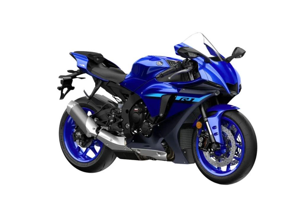 Blue Yamaha R1 motorcycle side view