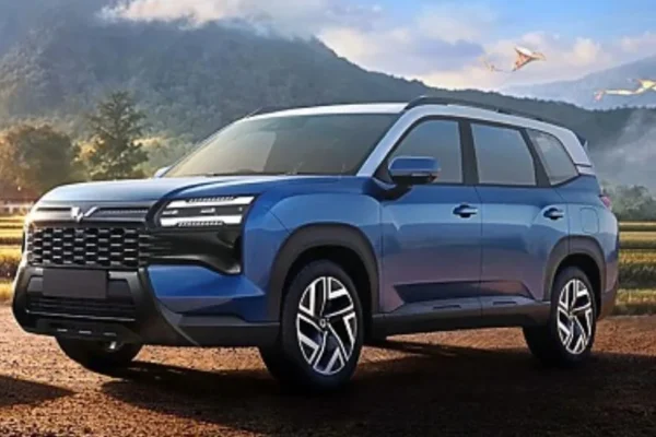 Blue SUV in scenic landscape